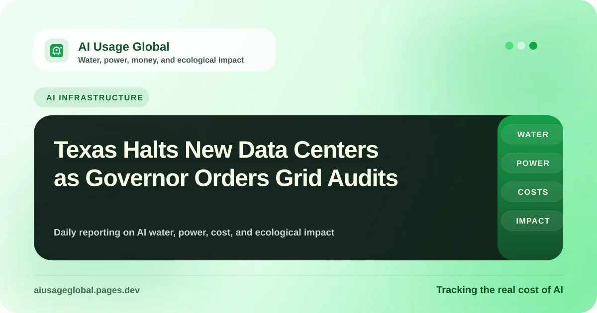Digital illustration of data center structures overlaid with an official state seal and auditing metrics under grid stress indicators